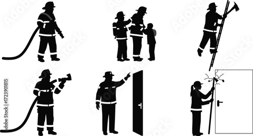 Firefighter silhouettes, emergency rescue, fireman with hose, ladder climbing, saving child, breaking door, fire safety vector illustration