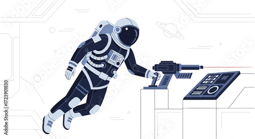 Astronaut operating equipment in a spaceship, exploring space with advanced technology concept