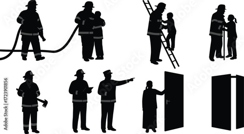 Firefighter silhouettes, emergency rescue, fireman with hose, ladder climbing, saving children, assisting elderly, fire safety vector illustration