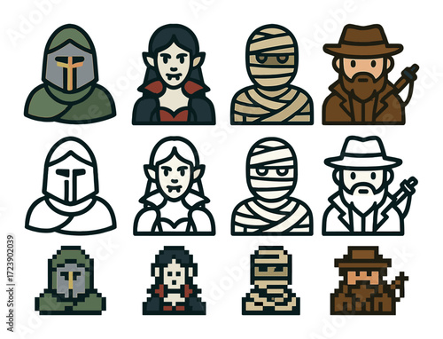 Cartoon icons of medieval knight, vampire, mummy, and explorer