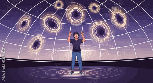 Awe-struck Man in a Black Hole Universe Exhibit Experiencing Cosmic Wonder and Interstellar