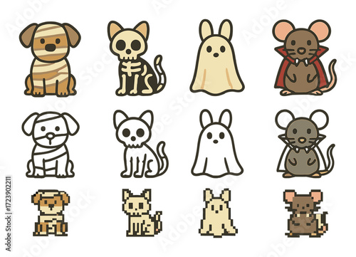 Cute cartoon halloween animals in mummy, skeleton, ghost, and vampire costumes
