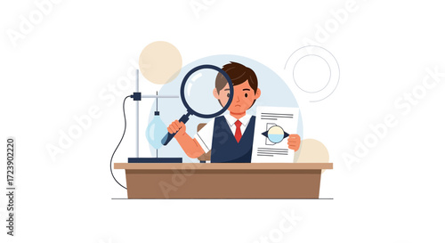 Boy student conducting experiment with magnifying glass and document in laboratory scene