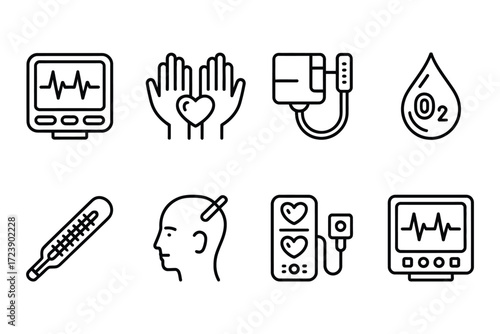 Set of line icons for vital signs heart rate monitor pulse check blood pressure oxygen saturation body temperature respiratory rate and monitor screen
