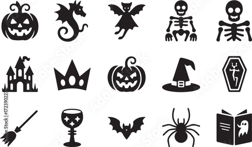Halloween fantasy icon set pumpkin dragon ghost unicorn bat silhouette vector