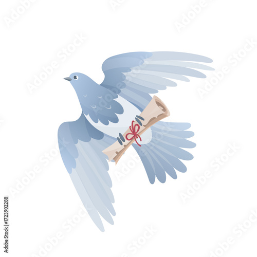Carrier pigeon with a parchment scroll. Pigeon post, mail delivery service. Bird mail concept. Hand drawn vector illustration of a dove in soft gradient style. Perfect for postcards, posters.