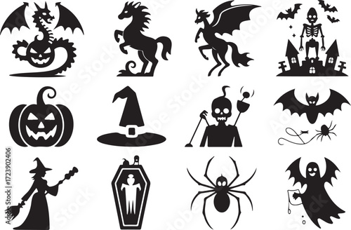 Halloween fantasy icon set pumpkin dragon ghost unicorn bat silhouette vector