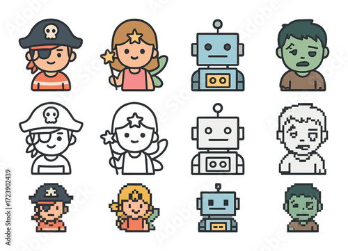 Cartoon pirate, fairy, robot, and zombie characters in various styles