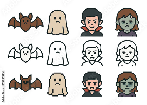 Cartoon halloween characters: ghosts, vampires, zombies, and bats