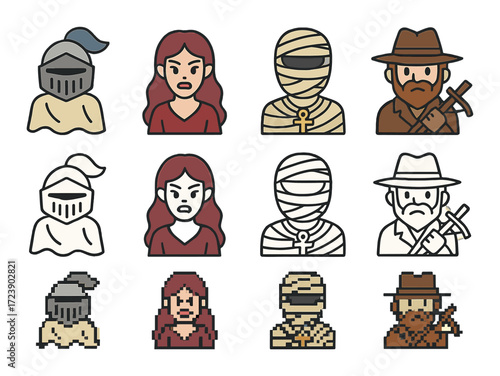 Cartoon characters: knight, woman, mummy, explorer in various styles