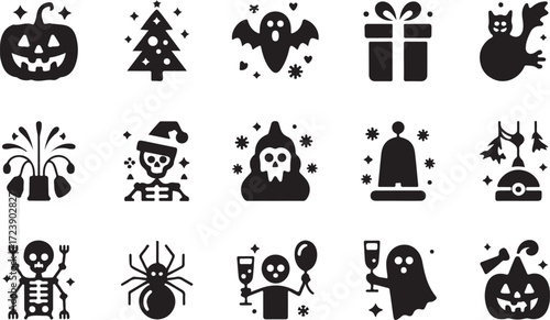 Halloween holiday icon set pumpkin Christmas ghost turkey bat silhouette vector