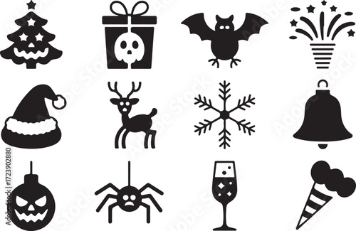 Halloween holiday icon set pumpkin Christmas ghost turkey bat silhouette vector