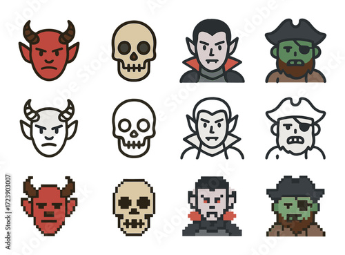 Pixel art monsters and characters set: devil, skull, vampire, zombie, pirate