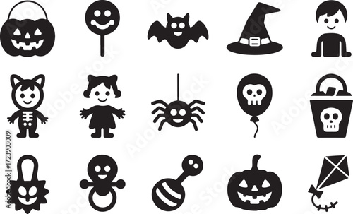 Halloween kids icon set pumpkin candy ghost lollipop bat silhouette vector