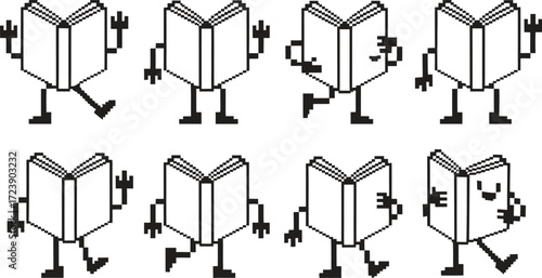 Collection of eight cartoon books with arms and legs in various poses