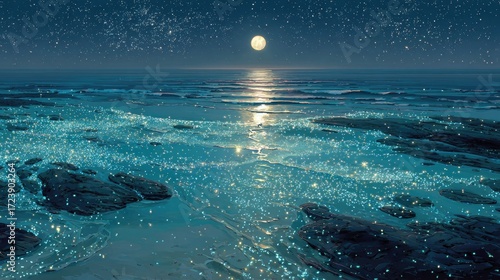 Night sea, moonlit glow, sparkling water, starry sky