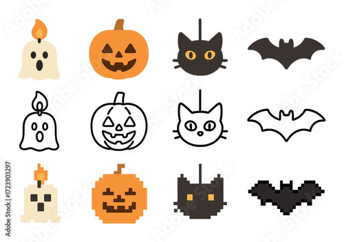 Halloween icons: ghosts, jack-o’-lanterns, cats, bats in glowing and pixel styles