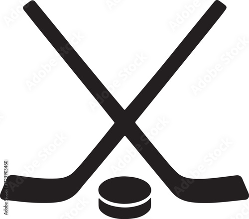 Simple Hockey Still Life Two Sticks Crossed Above Puck Depicted with Bold Black and White Graphics for Sport Themes