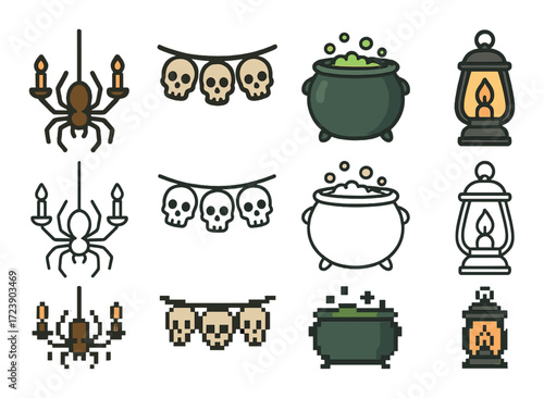 Halloween icons: spider, skulls, cauldron, lantern in pixel and line art styles