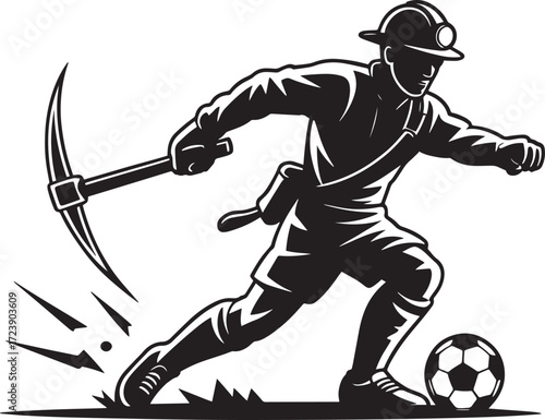 Miner Soccer Player Mascot Character Kick Ball Football Team Black White Silhouette