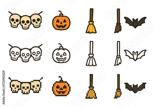 Vintage halloween icons: skulls, pumpkins, brooms, and bats in retro pixel art style