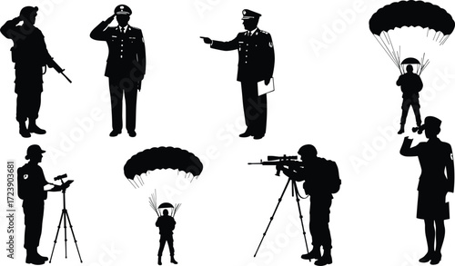Military silhouettes vector, soldier saluting, parachuting troops, army officer, combat action, reconnaissance, defense illustration, black uniformed figures, tactical operations scene