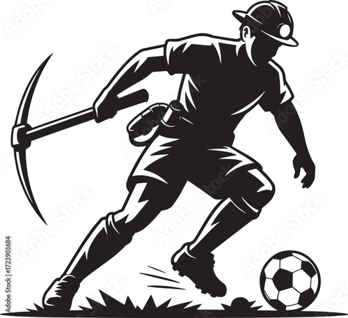 Miner Soccer Player Mascot Character Dribble Ball Football Team Black White Silhouette