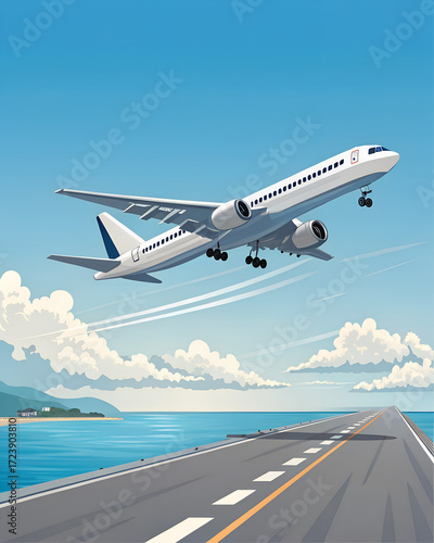 Illustration of a passenger airplane taking off from a runway near the sea