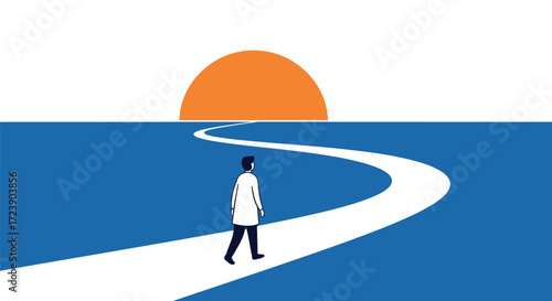 Vector art of a person walks on a winding white path towards a rising sun over a blue sea, symbolizing hope and a new beginning