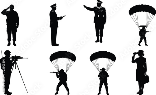 Military silhouettes, soldiers in action, paratroopers descending, sniper aiming, officer commanding, soldier saluting, armed forces vector illustration