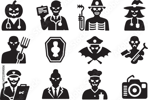 Halloween profession icon set pumpkin doctor ghost teacher skeleton silhouette vector