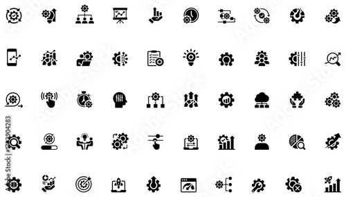 Optimization and efficiency solid icon set features process, performance and workflow symbols. Perfect for business, development, management, control, growth. Professional, minimal vector collection.