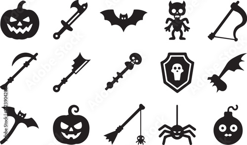 Halloween weapon icon set pumpkin sword ghost axe bat silhouette vector
