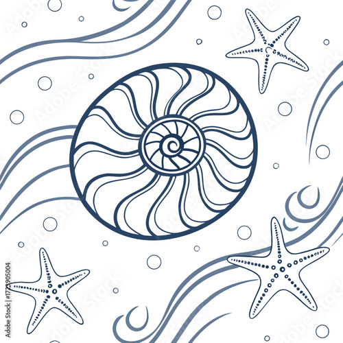 Scalable vector illustration seashell mandala with ocean waves and starfish for design vector