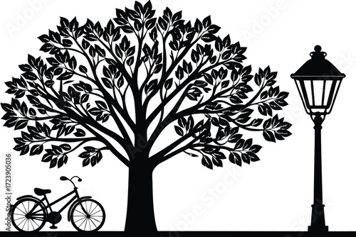 Silhouette of a bicycle under a large tree next to a lamp post