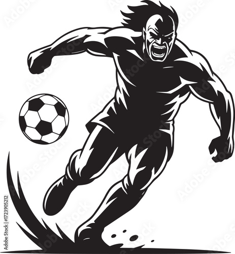 Soccer player male athlete kicking ball with intensity on field