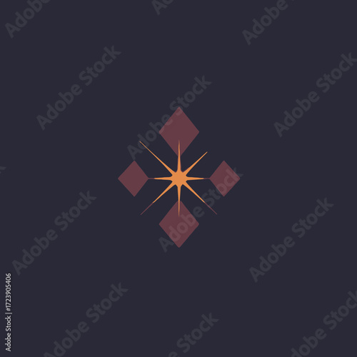 Stylized starburst design with four diamond shapes on a dark background.