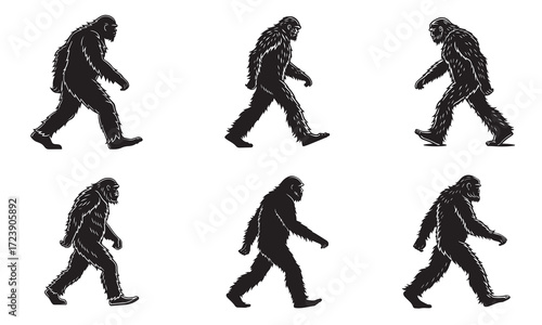 This image showcases a series of black silhouette figures depicting the evolution of a Bigfoot creature, from a more ape-like stance to a more human-like posture.