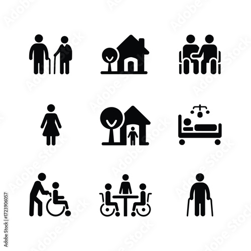 Elderly care and family icon set