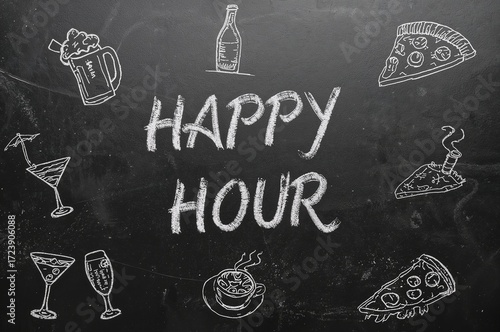 Chalk menu featuring happy hour items with drinks and food  