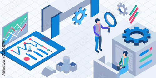 Business analytics and data visualization with isometric people and gears