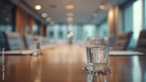 Empty conference room, water glass on table