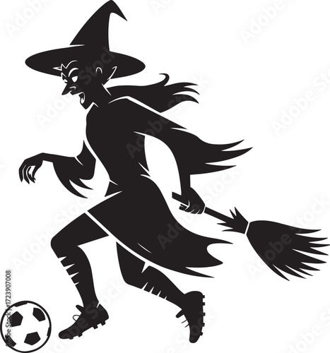 Witch Playing Soccer Ball Halloween Sport Game Silhouette Icon Vector Illustration