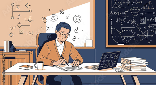 Cartoon depiction of a dedicated mathematician working amidst complex equations and calculations