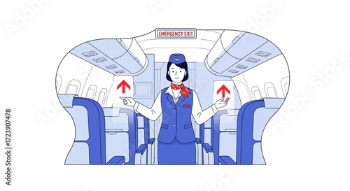 Cartoon illustration of a flight attendant pointing to the emergency exits in airplane cabin