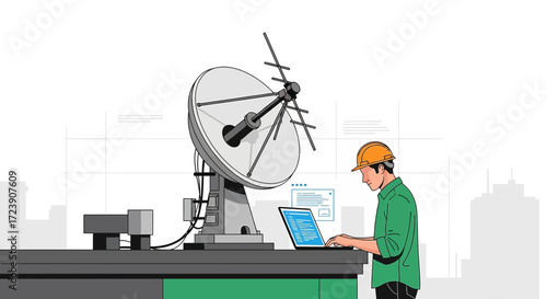 Cartoon illustration of engineer working with satellite dish and laptop on rooftop with cityscape