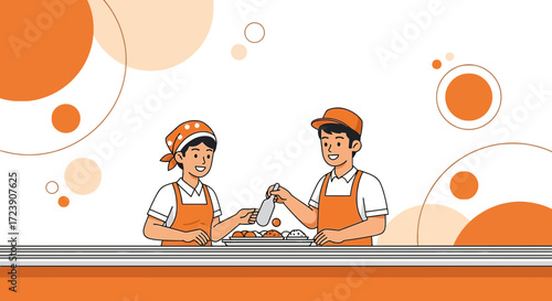 Cheerful restaurant workers serving food illustration with abstract background creating a vibrant