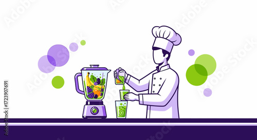 Chef prepares healthy fruit smoothie in a blender for a nutritious breakfast drink recipe