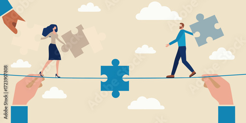Two people walking on a tightrope carrying puzzle pieces to connect them symbolizing teamwork and problem solving