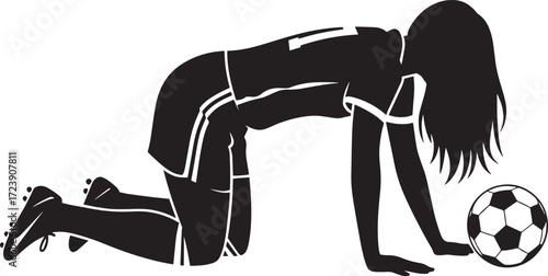 Woman soccer player silhouette kneeling on ground with football sports graphic design